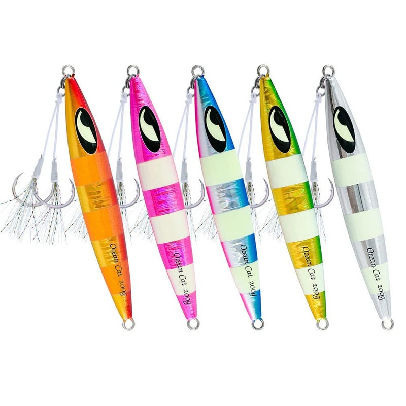 OCEAN CAT Slow Pitch Jig Flat Fall Jigs Saltwater Fishing Jig Vertical Baits with Glow Jig Hooks 60g/80g/150g/200g/250g 240lb (#006-10:5 Colors Combo, 200g) - Image 1